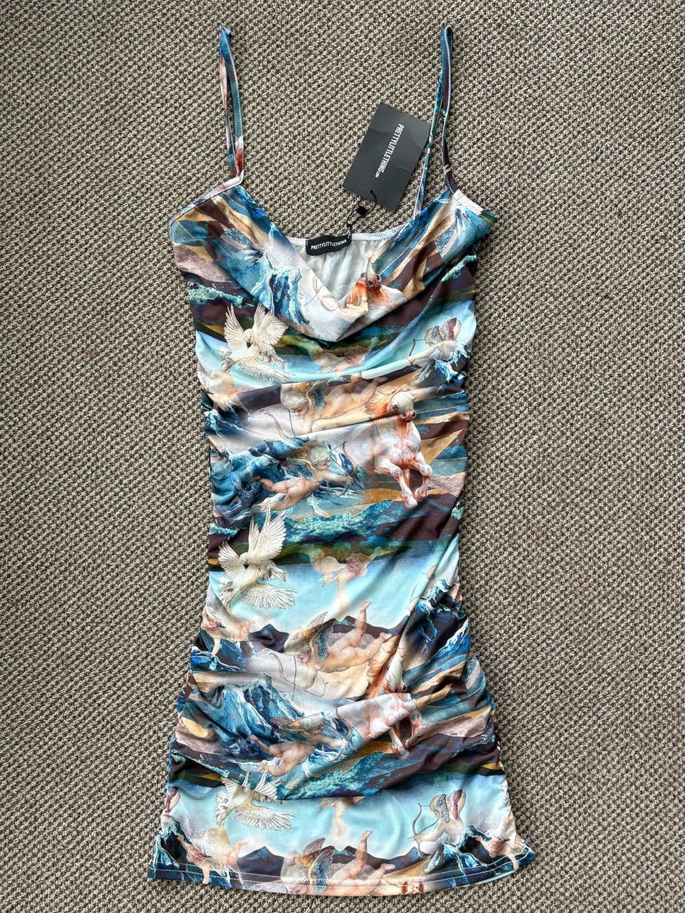 Prettylittlething Blue Multi Cowl Neck Ruched Slip Dress